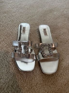 Badgley Mischka Silver Crystal Buckle Slide Mules